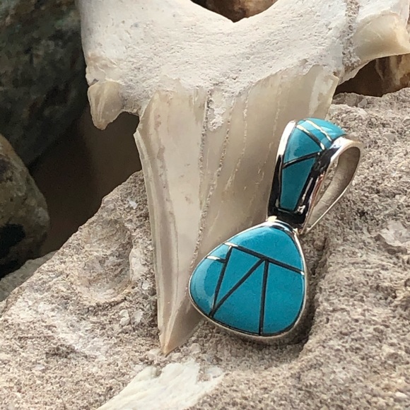 Zuni Inlaid Drop Turquoise Silver Pendant - Picture 6 of 8